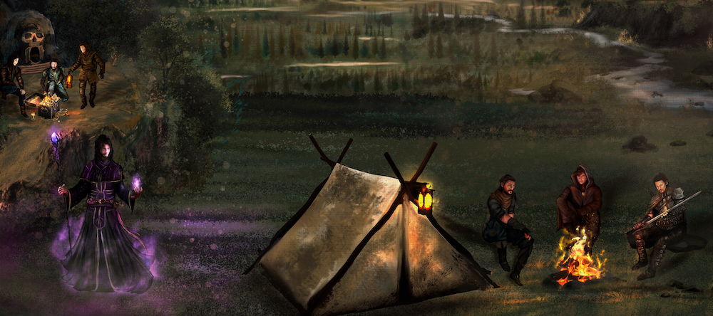 Adventurers camp beneath strange skies while danger gathers beyond the firelight.