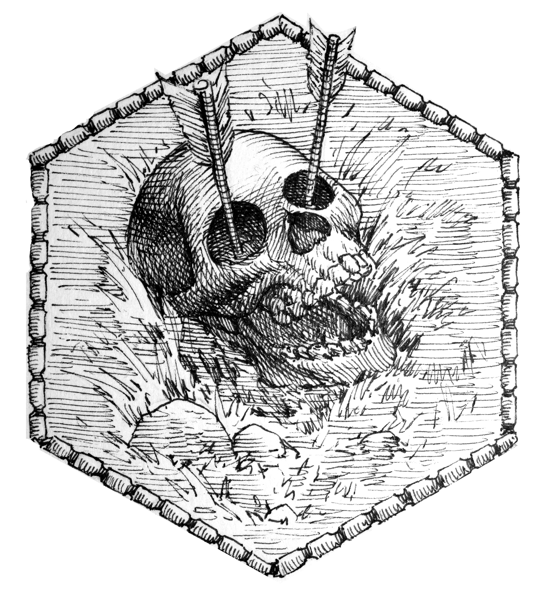 A skull pierced by weapons, drawn within a hexagonal frame.
