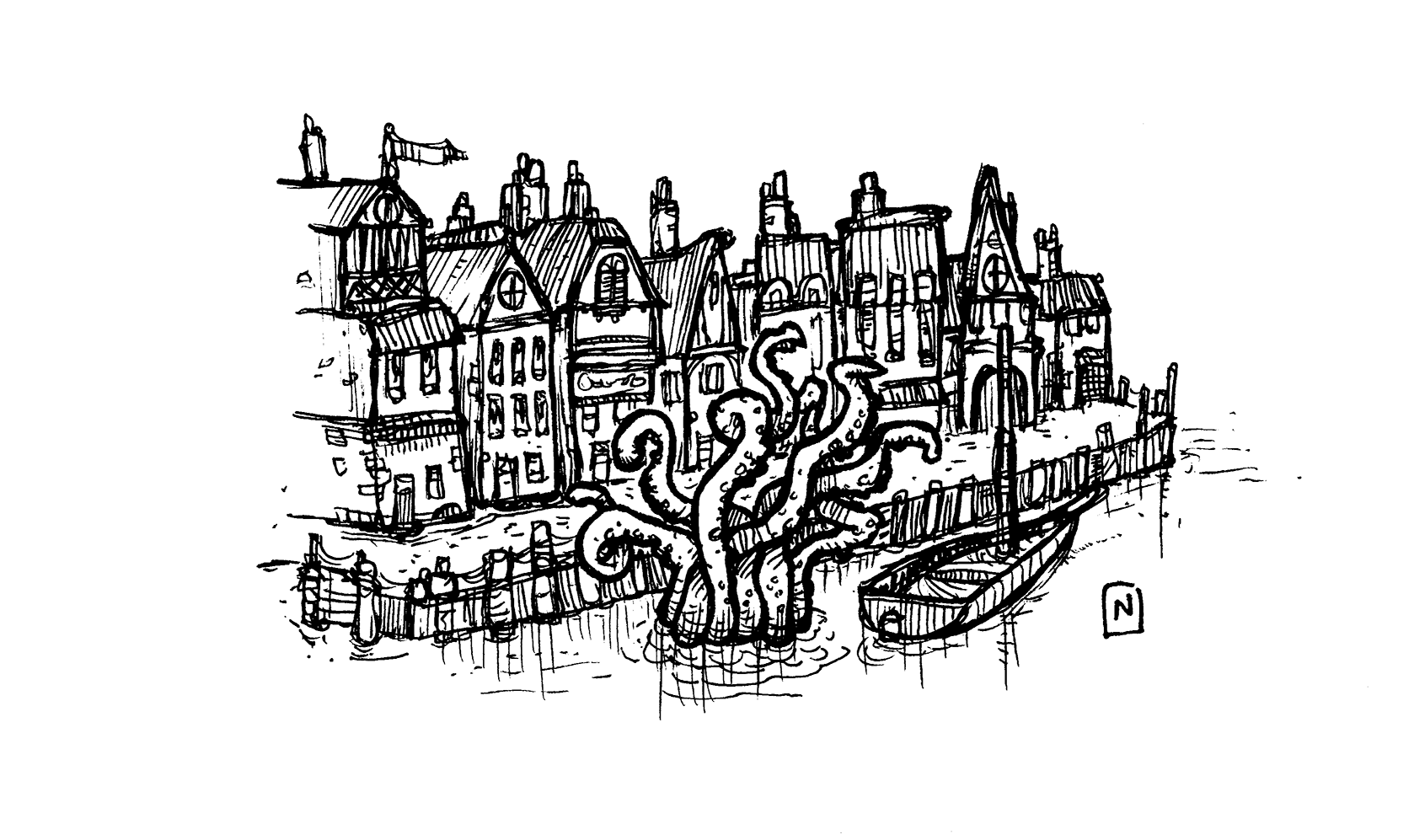 A fantasy dockside settlement attacked by a giant tentacled creature.
