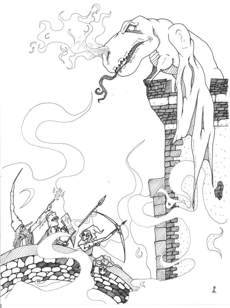Adventurers confront a great dragon on a tower.