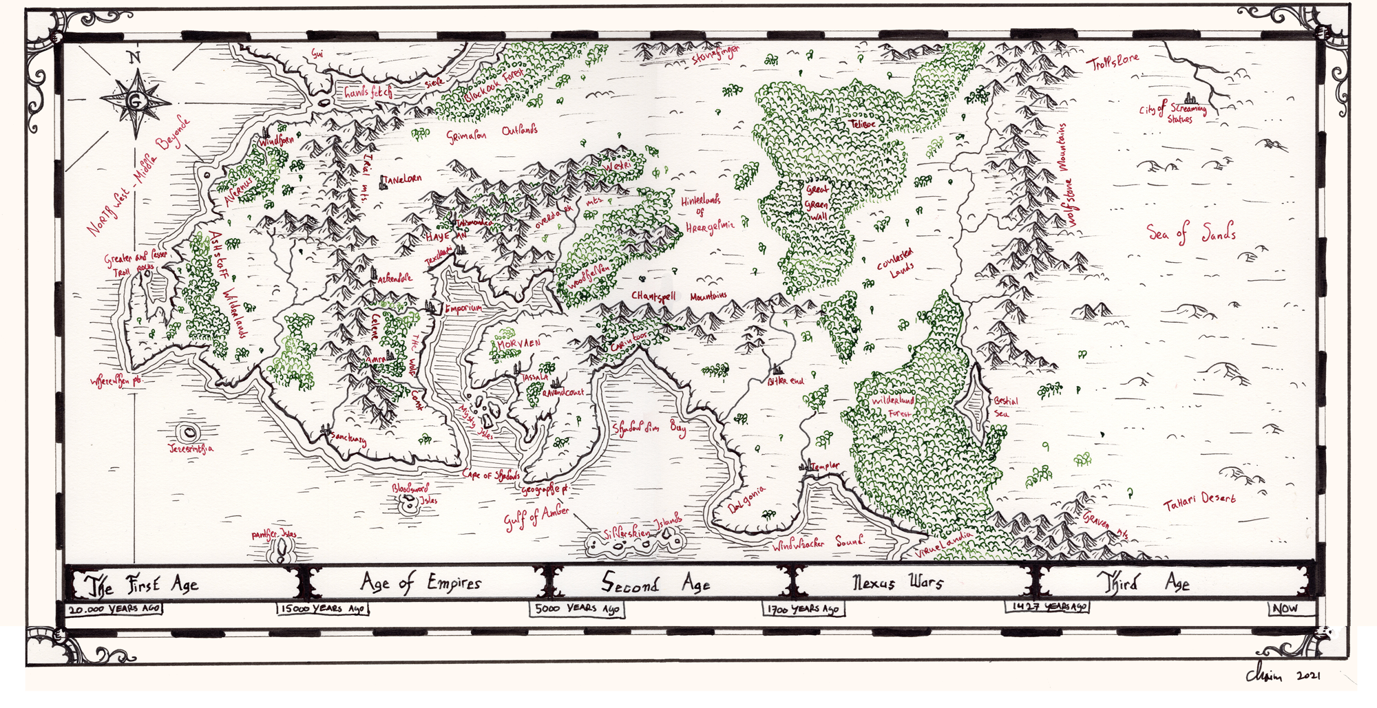 Hand-drawn map and timeline of Glatheriel from the First Age through the Third Age.