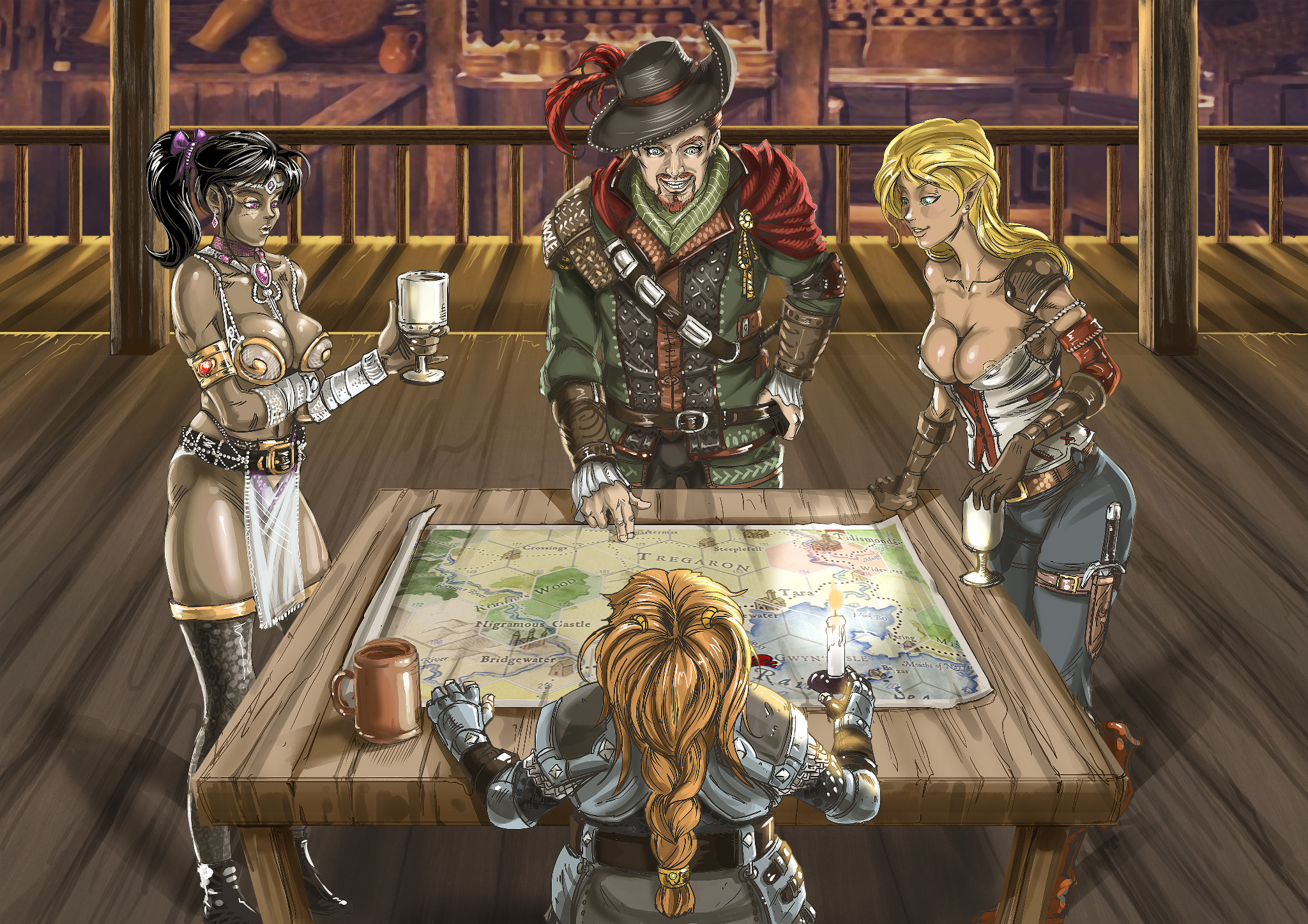 Adventurers gather around a map in a tavern to plan an expedition.