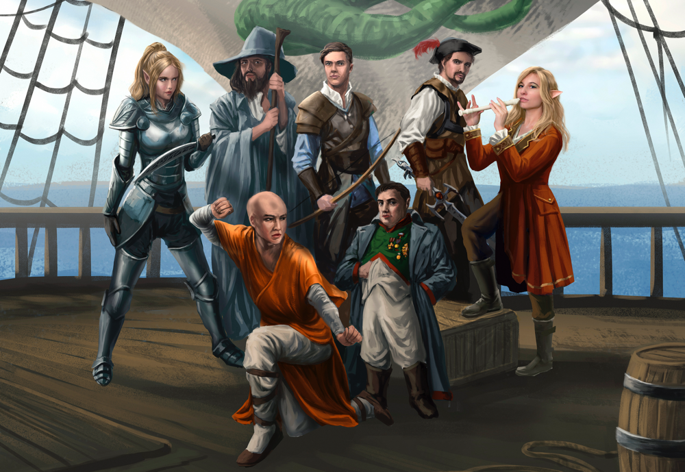 The Hidden Territories heroes and factions artwork showing adventurers and a dragon before a distant city.